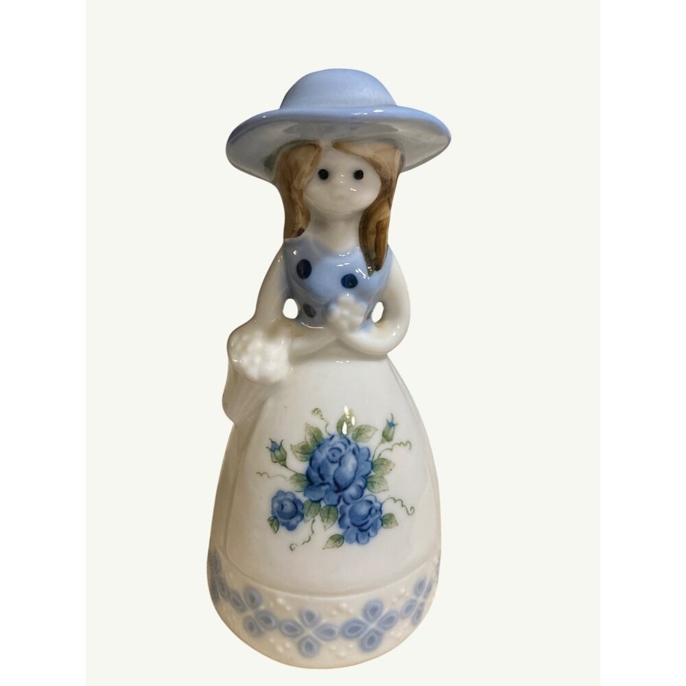Vintage Hand-Painted Porcelain Bell With Blue White with Hat & Roses Design